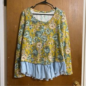 Size L yellow multicolor Lilka floral grid cross-stitch like long sleeve top
